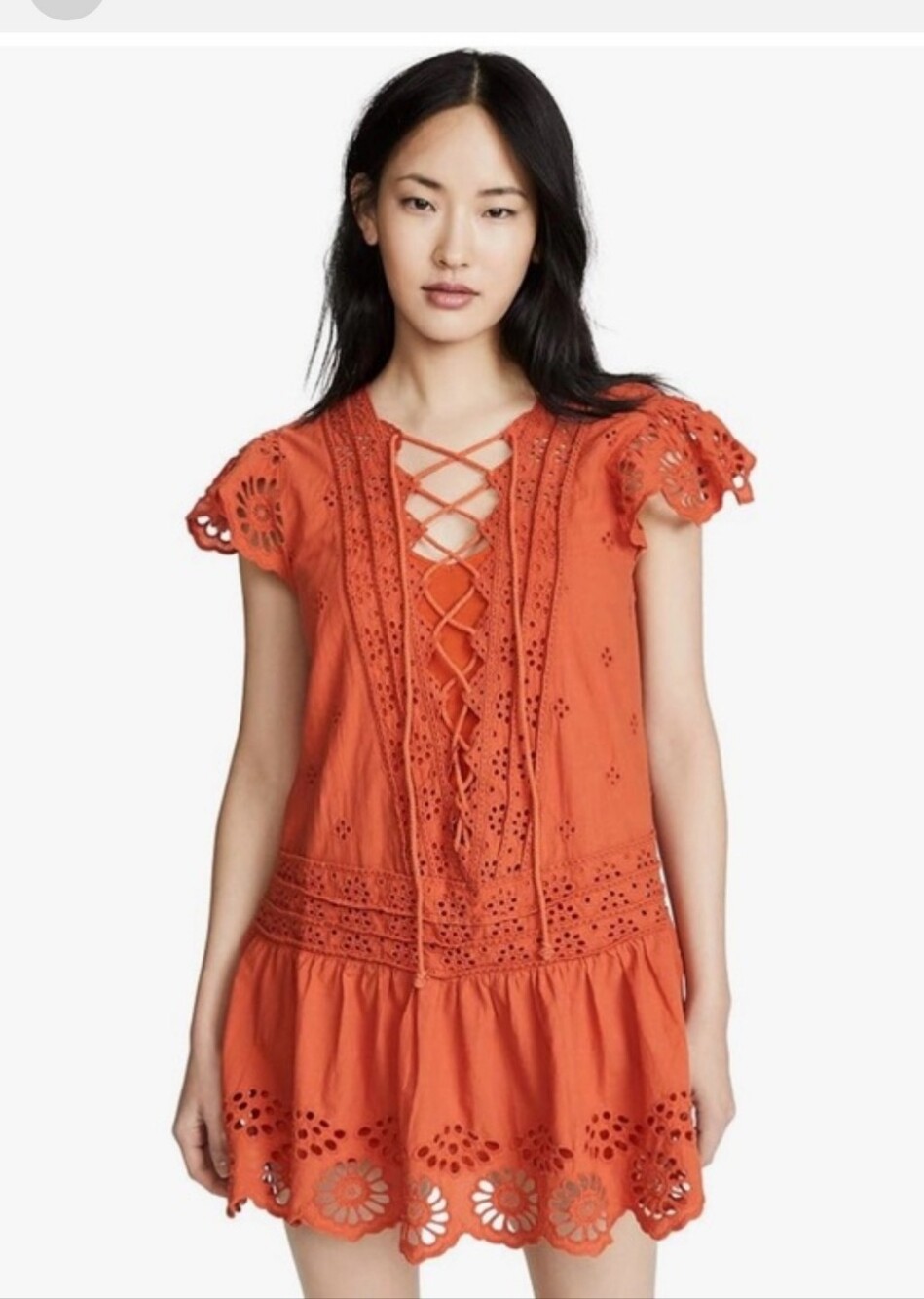 Free People Lace-Up Eyelet Mini Dress in Rust Orange